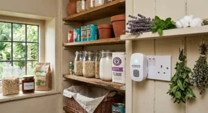 An ultrasonic rodent repeller plugged into a UK mains socket in a kitchen pantry to naturally repel rats
