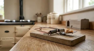 Close-up of a classic wooden snap trap with bait bar and spring mechanism set up for pest control in a British kitchen.