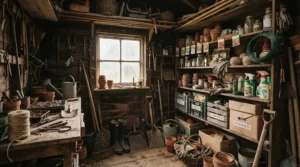 A garden shed interior showing where people often apply the best mouse poison to tackle autumn rodent activity