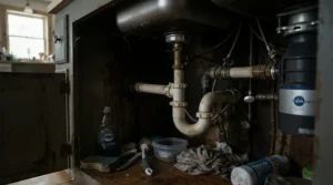 Dark space beneath a kitchen sink where plumbing access points make it crucial to use the best mouse poison