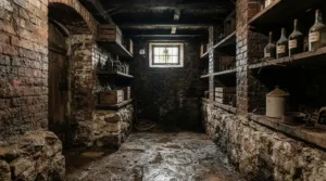 Inspecting glue traps for mice in a traditional cellar with stone walls in Great Britain