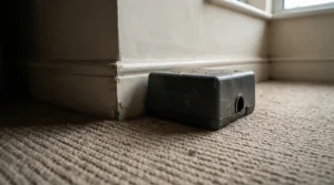 Child and pet safe mouse traps positioned discreetly along a skirting board in a British family home