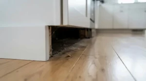 Compact mouse bait blocks hidden behind kitchen appliances for discrete rodent control