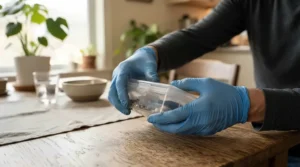 Demonstration of child and pet safe mouse traps being inspected by a homeowner