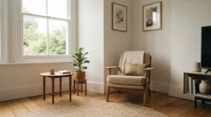 Discreet placement of glue traps for mice along skirting boards in a modern flat lounge