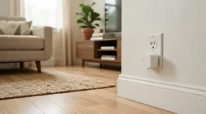 An electronic mouse deterrent for home plugged into a wall socket in a cosy terraced house living room