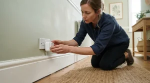 Ensuring wiring safety while plugging in an electronic mouse deterrent for home in a hallway