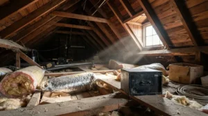 Fast-acting mouse bait blocks stored in a secure container within a residential loft space