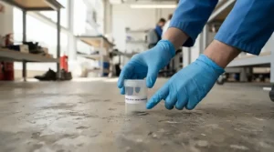 A homeowner wearing protective gloves while placing the best mouse poison safely away from pets