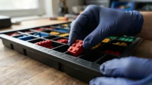 Gloves placing professional mouse bait blocks into a tamper-resistant bait station