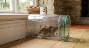 Humane catch and release reusable mouse trap placed along a skirting board.