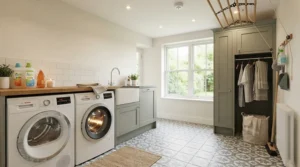 Checking glue traps for mice positioned near a washing machine in a utility room