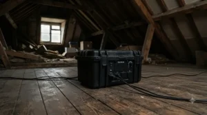 Mouse bait station positioned securely in a residential loft space