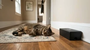 A domestic cat resting peacefully near child and pet safe mouse traps in a hallway