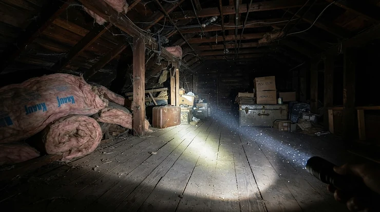 Close-up of mouse bait blocks positioned carefully in a dusty British loft space for rodent control
