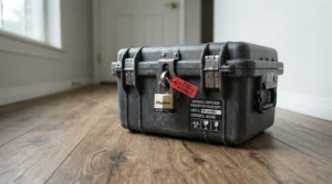 Child-safe mouse bait stations for home featuring secure locking mechanisms on a hallway floor.