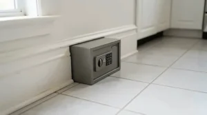 Mouse bait stations for home set up on a tiled kitchen floor beneath low cabinets.