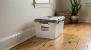Illustration of mouse bait stations for home positioned carefully in a living room corner