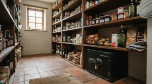 Secure mouse bait stations for home arranged safely in a domestic food storage pantry.