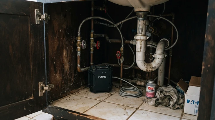 Setup of indoor mouse bait stations for home placed securely beneath a kitchen sink unit