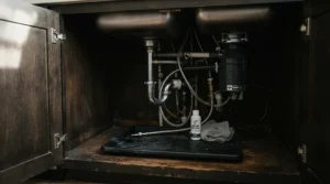 Discreet mouse bait stations for home tucked inside a dark under-sink kitchen cupboard.