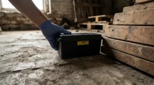 Placing mouse poison for garden shed in a secure outdoor rodenticide station near timber walls