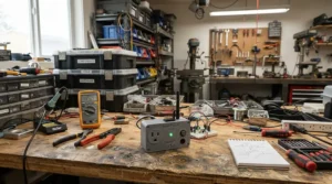 Budget ultrasonic mouse repellers under £30 installed in a cluttered home garage workshop