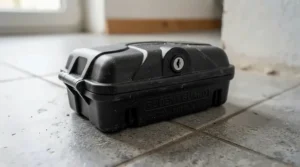 Close-up of child and pet safe mouse traps featuring a secure locking mechanism for household protection