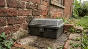 Exterior pest control setup featuring outdoor mouse bait stations against a brick exterior wall