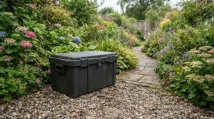 Outdoor mouse bait stations positioned along a gravel path in a residential British garden