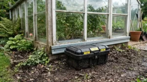Outdoor mouse bait stations deployed on the exterior boundary of a greenhouse
