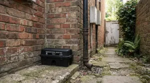 Perimeter setup of outdoor mouse bait stations around a typical British semi-detached house