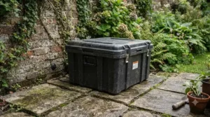 Weather-resistant mouse bait station placed on an outdoor patio