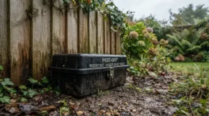 Weather resistant outdoor mouse bait stations placed near a wooden garden fence