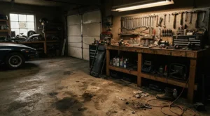 Using pet safe mouse bait stations in a home garage to maintain effective rodent control.