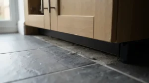 Installing pet safe mouse bait stations behind kitchen appliances to protect curious family pets.