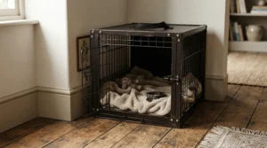 A sleek pet safe mouse bait station positioned securely against a skirting board in a modern British living room.