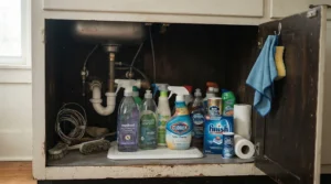 Storing pet safe mouse bait stations safely out of reach under a typical household sink cabinet.