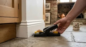 Reusable mouse trap strategically positioned beside a kitchen skirting board in a UK home.