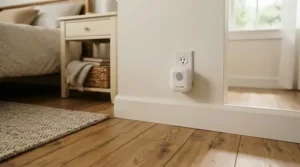 A silent plug in mouse repeller plugged into a socket in a residential bedroom