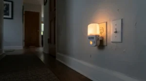 A plug in mouse repeller featuring an integrated night light in a hallway corridor