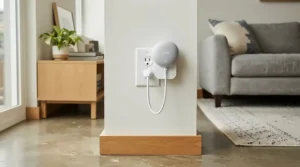 A plug in mouse repeller plugged into a standard wall socket in a British living room