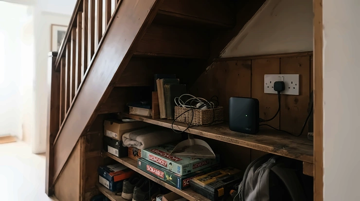 A plug in mouse repeller installed in a confined under stairs storage cupboard