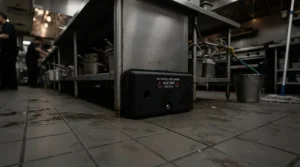 A professional strength mouse bait station placed neatly beneath a stainless steel catering unit in a commercial kitchen.