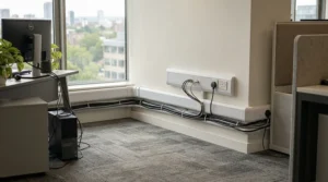 A tamper-resistant professional strength mouse bait box deployed near floor cable trunking in a modern office.