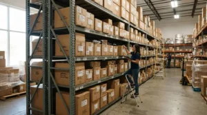 Boxes of professional strength mouse bait stored securely on metal shelving in a busy retail stockroom.
