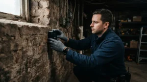 A pest control technician placing professional strength mouse bait along the stone wall of a damp Victorian cellar.