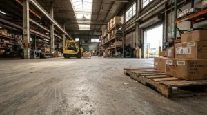 An industrial warehouse floor showing professional strength mouse bait positioned safely near a wooden storage pallet.