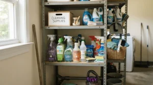 Ready-to-use mouse bait blocks stored safely on a high shelf in a utility room