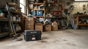 An all-in-one rodent control setup featuring ready to use mouse bait kits in a cluttered garage.